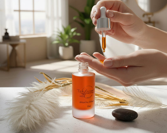 Person using a dropper to apply a skincare product from an orange bottle in a bright room.