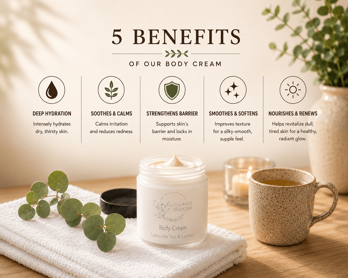 Tea-licious skincare Body cream with benefits listed on a table with a cup and plant