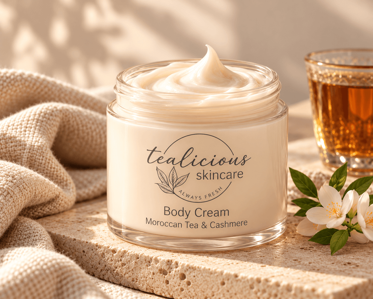A jar of Tealicious Skincare Moroccan Tea & Cashmere body cream sits on a stone surface with a beige linen cloth, a glass of tea, and white flowers around it.