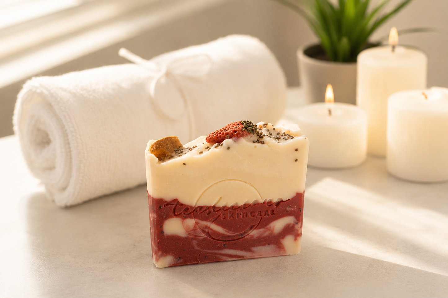 Bar of strawberry soap with visible brand logo on a surface with candles and towels in the background