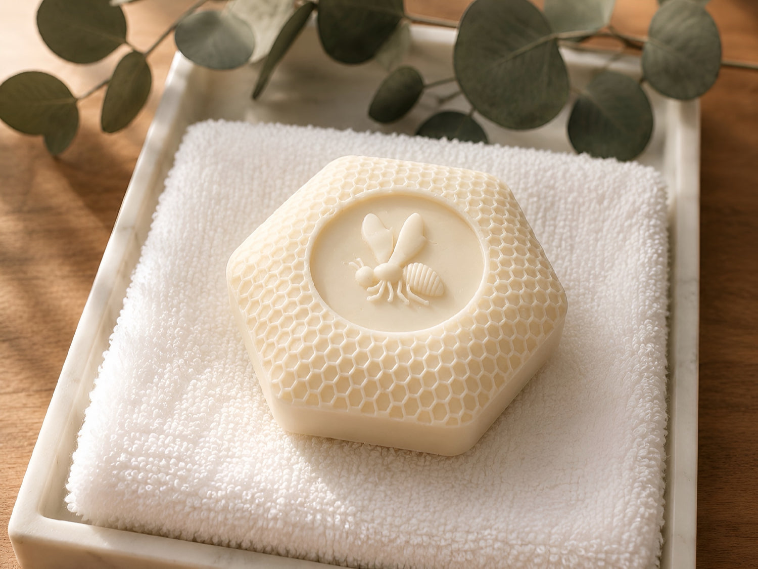 Hexagonal lotion bar with bee design on a white towel, surrounded by green leaves.