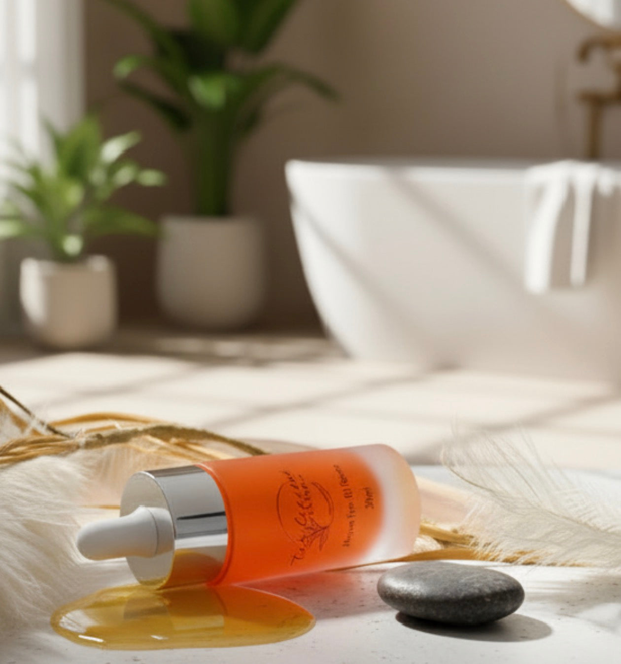 Skincare serum bottle with dropper on a textured surface with plants in the background
