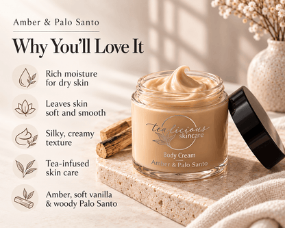 Tea-licious Amber & Palo Santo Body Cream with five highlights: rich moisture for dry skin, soft and smooth skin, silky texture, tea-infused care, and an amber, vanilla and woody Palo Santo scent.