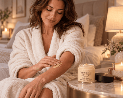Woman in a cosy ivory robe applying light toffee-coloured body cream to her forearm, with an open Tea-licious Amber & Palo Santo jar beside her.