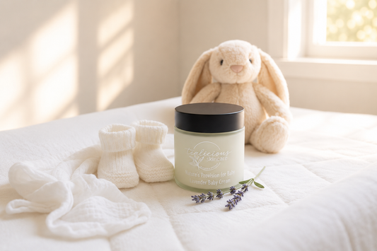 Jar of baby lotion with socks and a plush toy on a white surface