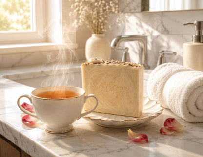 Steaming cup of tea with a soap on a marble countertop.