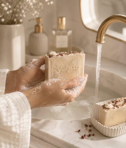 Hand holding a bar of soap with 'Tea-licious Skincare' branding over a sink with running water.
