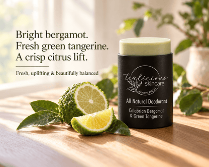 Tea-licious Calabrian Bergamot & Green Tangerine deodorant beside fresh citrus, with text highlighting bright bergamot, green tangerine and a crisp citrus scent.