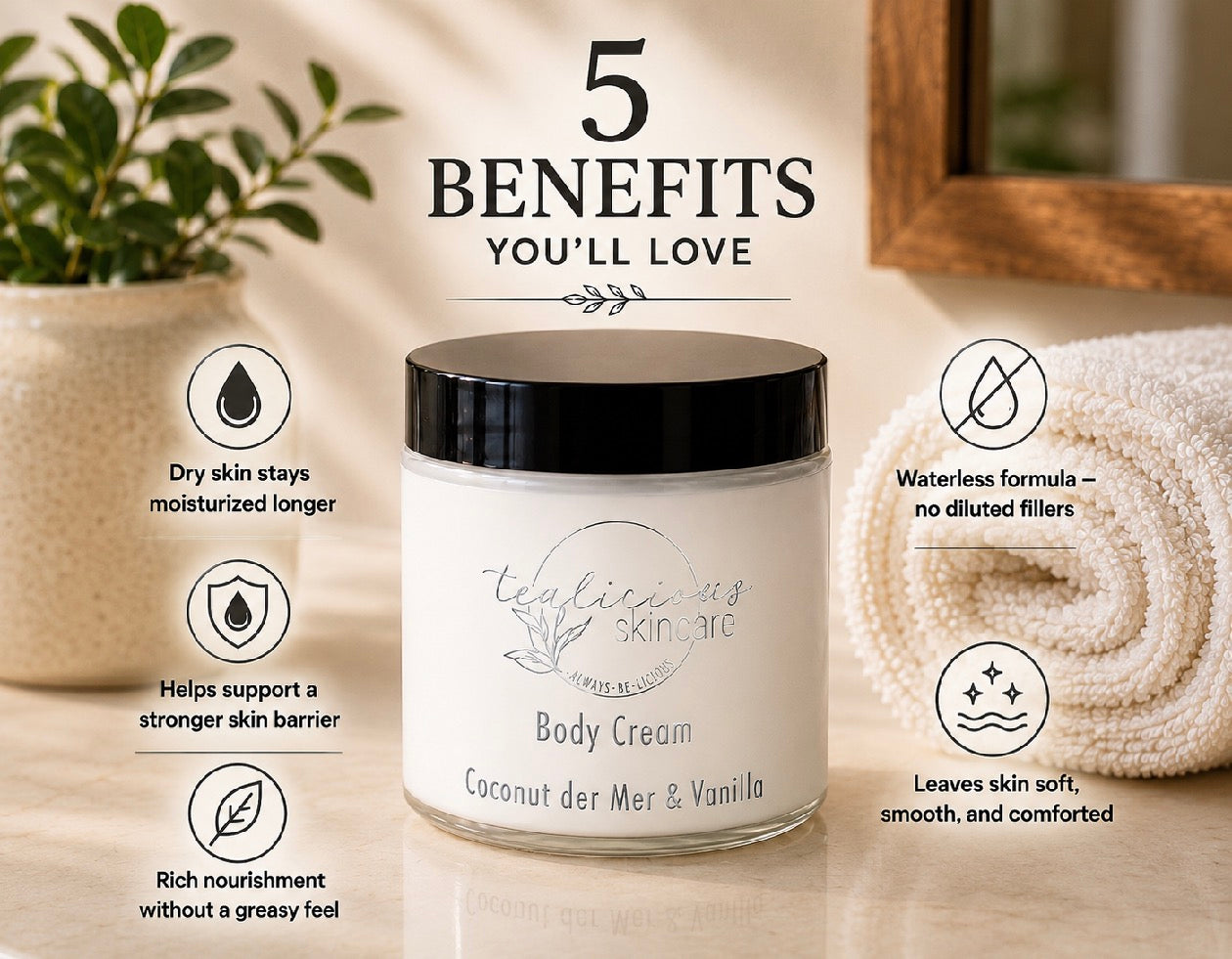 Tea-licious skincare Body cream jar with '5 Benefits You'll Love' text and icons on a neutral background.