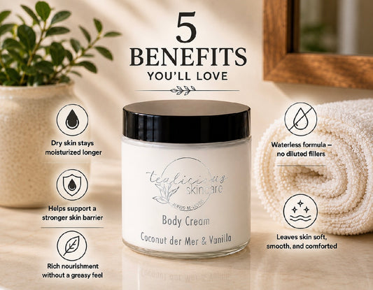 Tea-licious skincare Body cream jar with '5 Benefits You'll Love' text and icons on a neutral background.