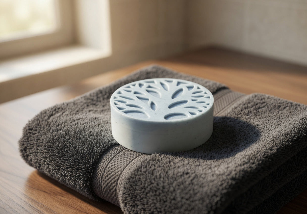 Tea-licious Skincare A round, light blue decorative lotion stone with an intricate tree of life cutout design, resting on a folded dark grey textured towel in a brightly lit room.