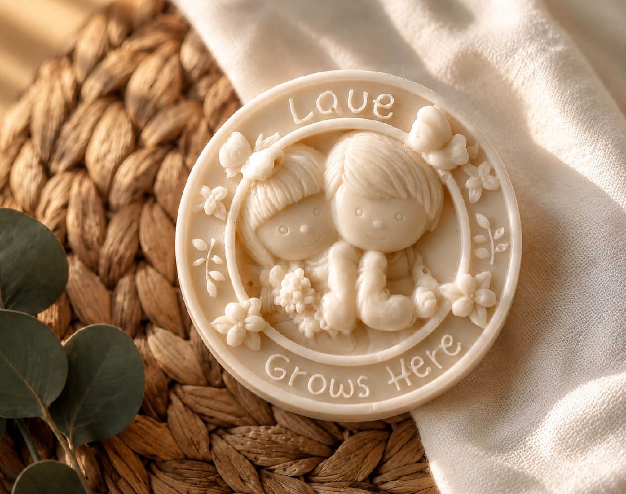 Tea-licious Love Grows Here baby soap on woven mat with soft cream fabric in warm morning light.