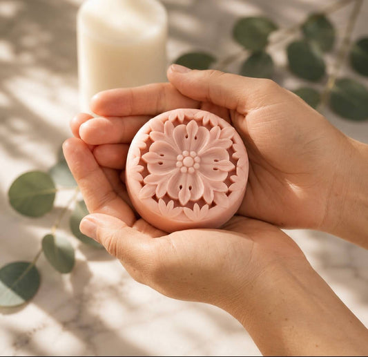 Hand holding a tea-licious skincare pink floral lotion bar with a blurred background of green leaves and a candle.