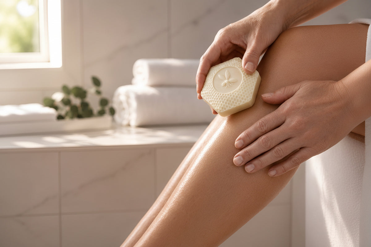 Person using a lotion bar on their leg in a bathroom setting