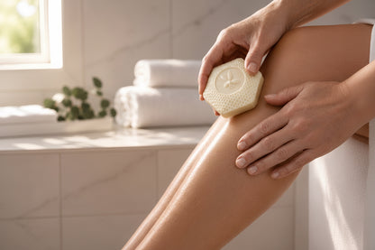Person using a lotion bar on their leg in a bathroom setting