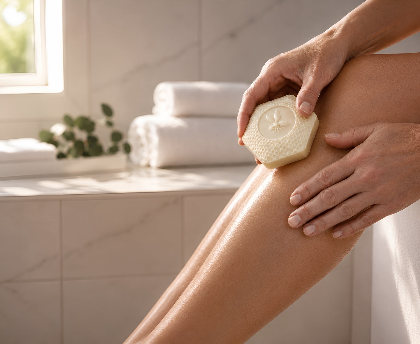 Person using a lotion bar on their leg in a bathroom setting