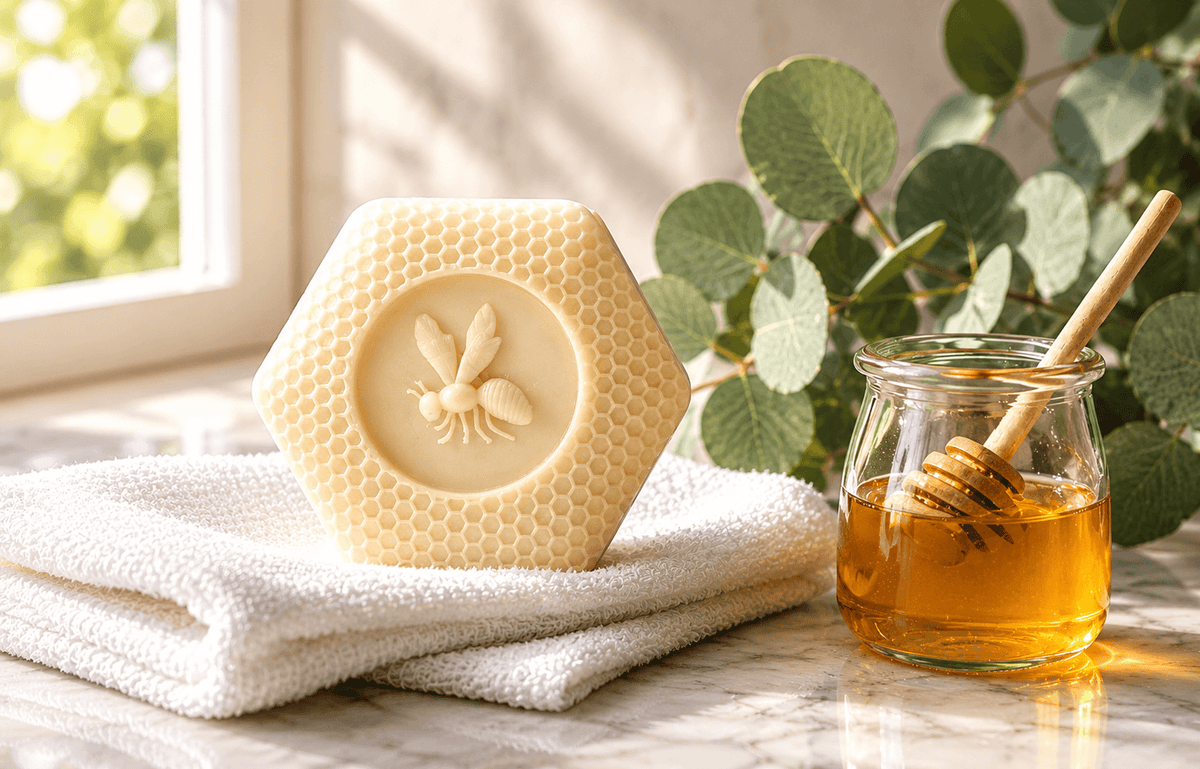 Cream-colored honeycomb solid lotion bar with embossed bee design on a white towel beside a glass jar of honey, styled with eucalyptus in warm natural light.