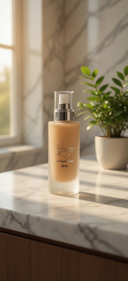 Tea-licious Kigelia cleanser for acne-prone oily skin on marble vanity in warm natural light