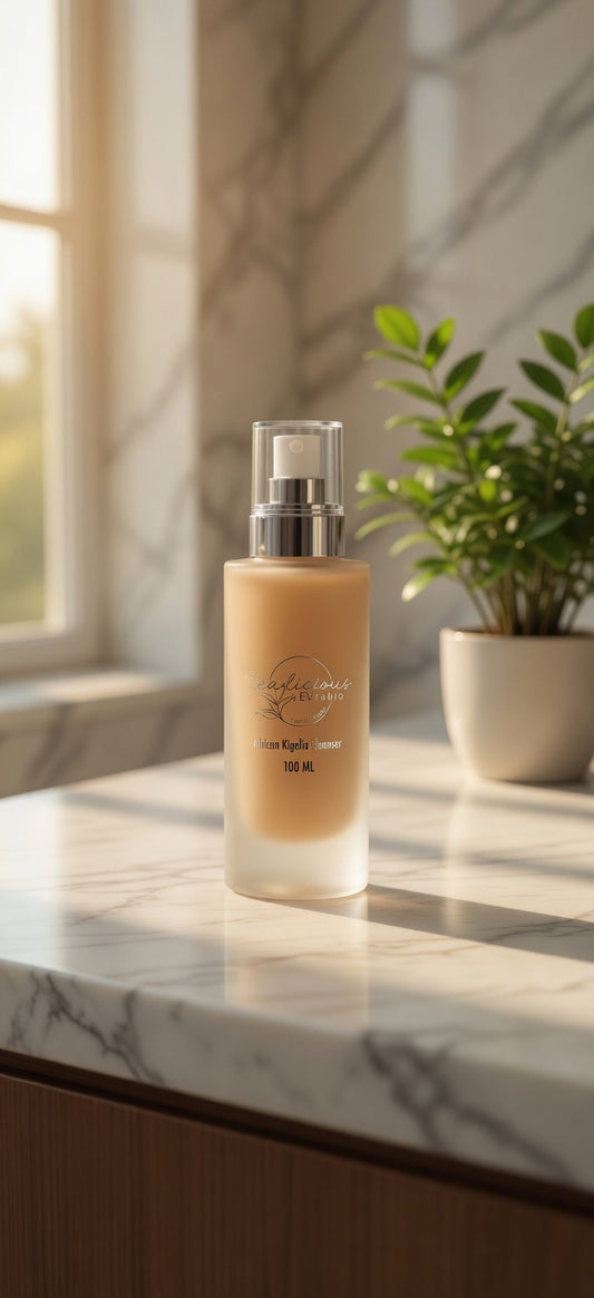 Tea-licious Kigelia cleanser for acne-prone oily skin on marble vanity in warm natural light
