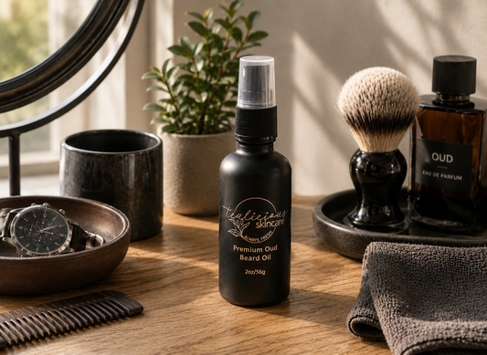 Tea-licious Bay Rum Beard Oil with an old-world barbershop scent, handcrafted with grapeseed, jojoba, argan, and aloe-infused coconut oils to soften beards and condition the skin beneath.