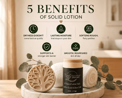 Infographic highlighting five benefits of Tea-Licious Skincare solid lotion sticks, featuring a Leather Boots & Sheer Calm lotion stick and handcrafted tree soap on a marble tray in a warm, spa-inspired bathroom setting.
