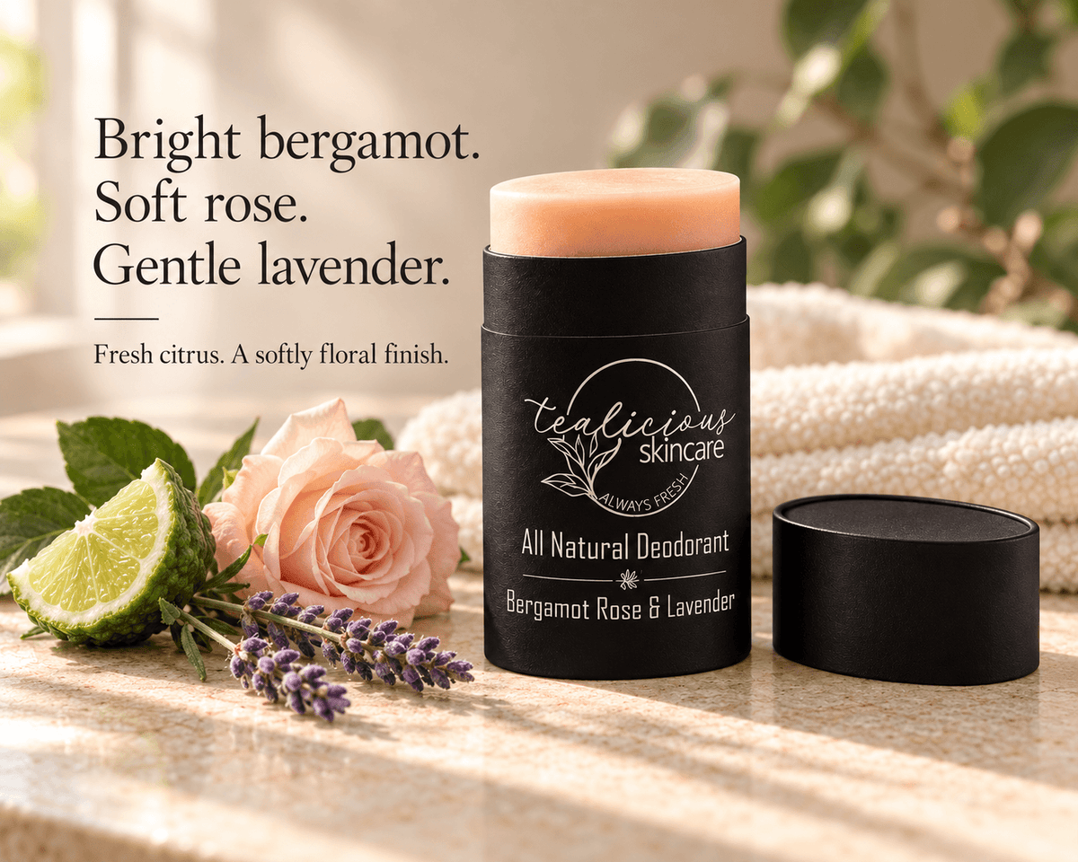 Tea-licious Bergamot Rose & Lavender deodorant in a black oval container beside bergamot, a blush rose and lavender, with text describing its citrus and floral scent.