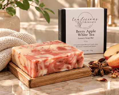Berry Apple White Tea luxury soap bar with pink and cream swirls, displayed on a wooden soap dish with apple, star anise and its Tea-Licious Skincare box.