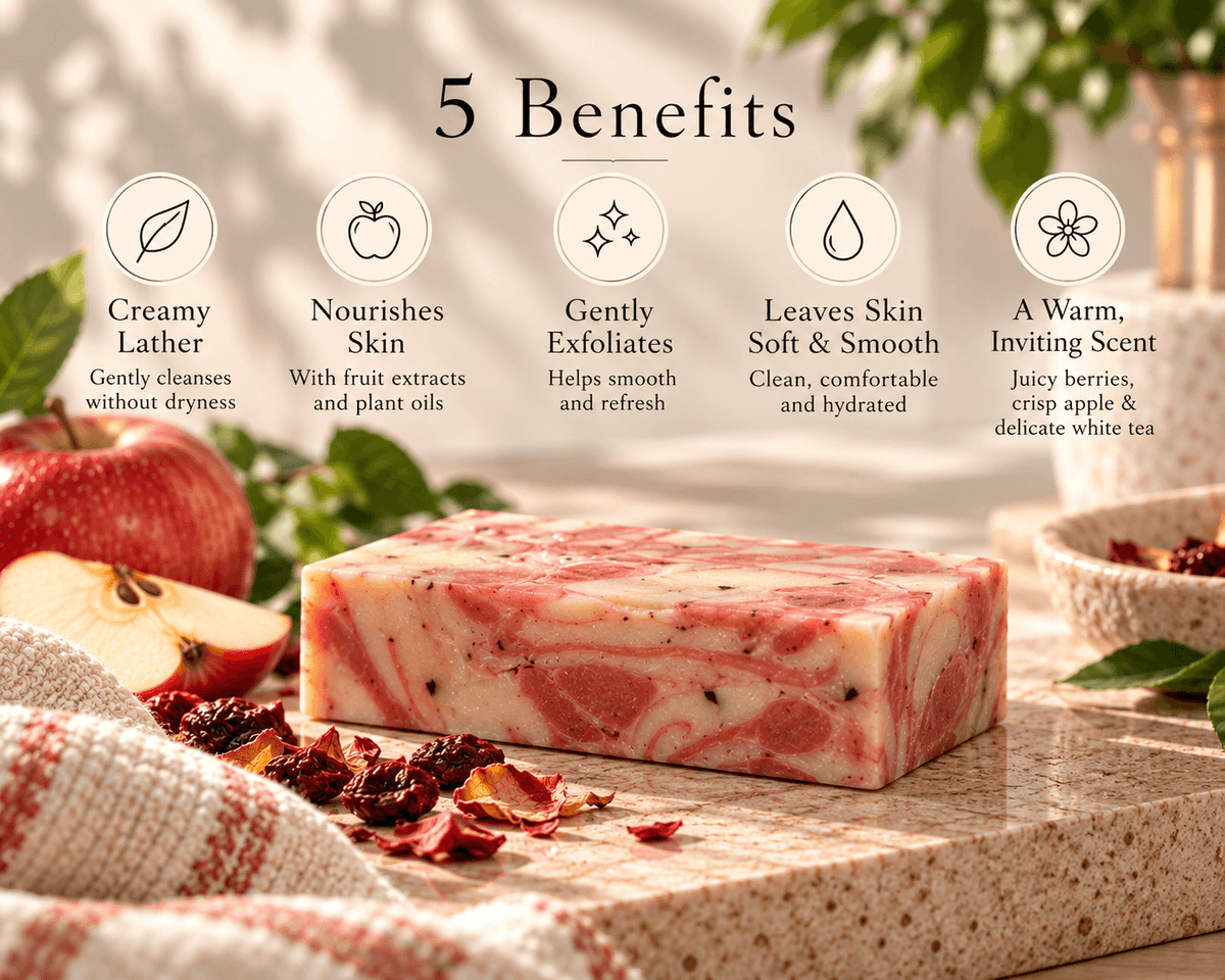 Berry Apple White Tea handcrafted soap bar with creamy pink swirls, displayed with apple and berries alongside five skin benefits.
