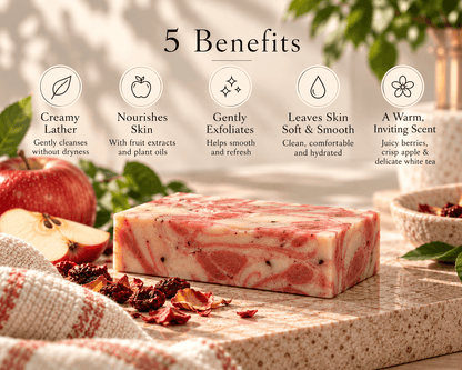 Berry Apple White Tea handcrafted soap bar with creamy pink swirls, displayed with apple and berries alongside five skin benefits.