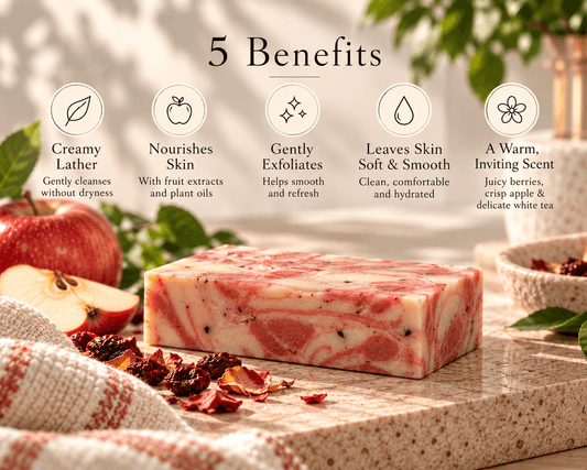 Berry Apple White Tea handcrafted soap bar with creamy pink swirls, displayed with apple and berries alongside five skin benefits.