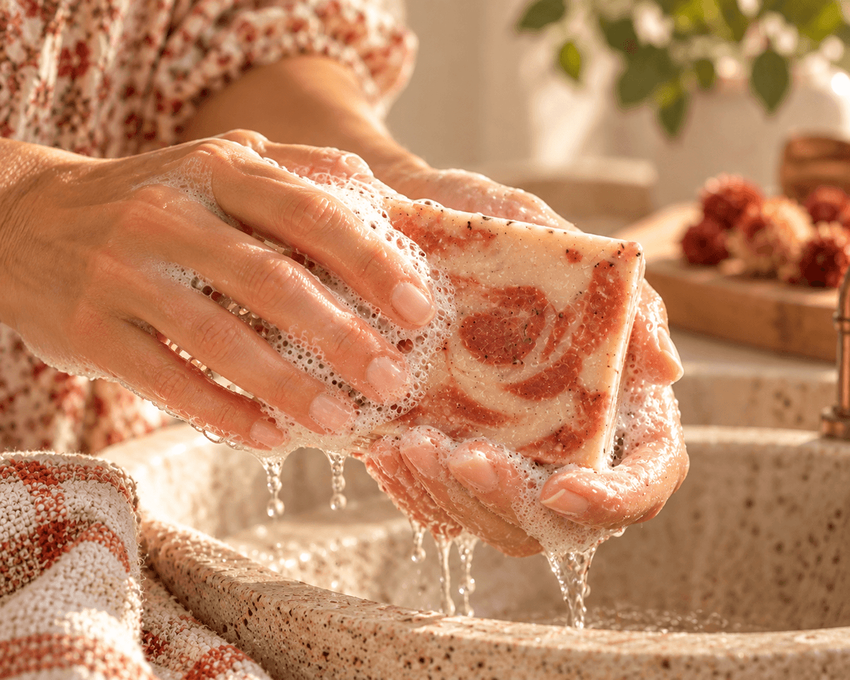 Hands lathering a Berry Apple White Tea soap bar under running water, showing its pink and cream swirls and rich, creamy lather.