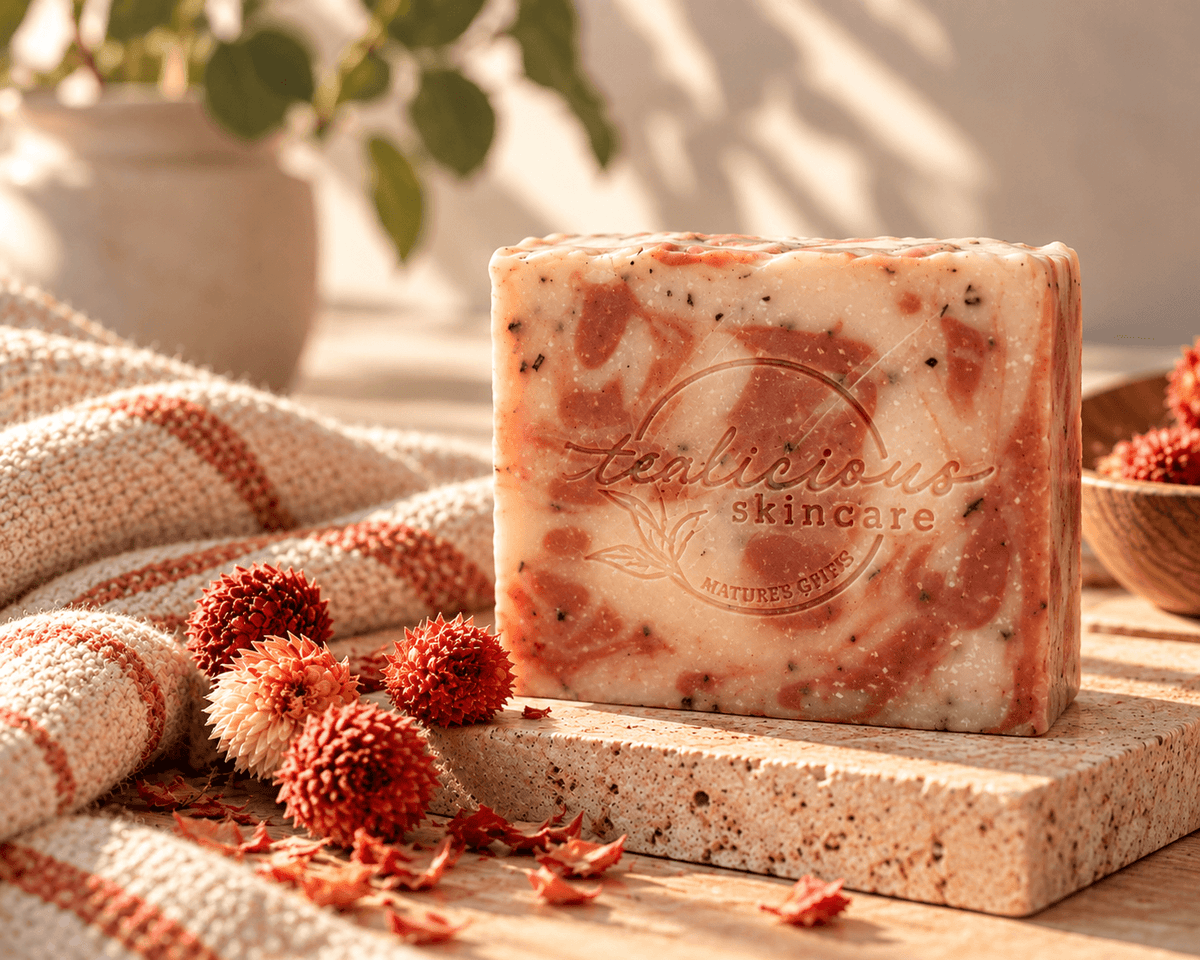 Berry Apple White Tea handcrafted soap bar with creamy pink swirls, displayed with apple and berries sitting in a marble counter 