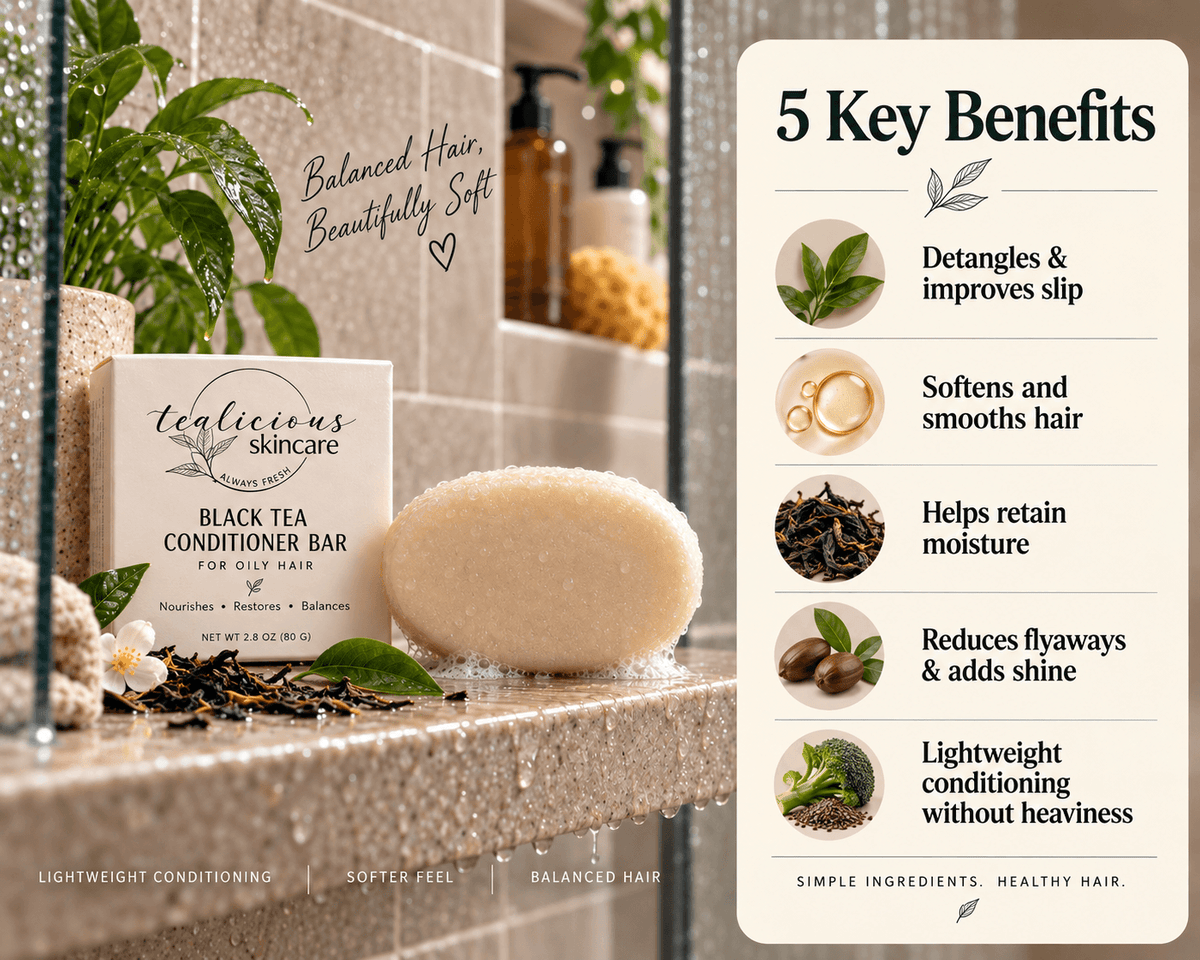 Tea-Licious Skincare Black Tea Conditioner Bar for oily hair beside a five-benefit panel highlighting detangling, softness, moisture retention, shine, and lightweight conditioning.