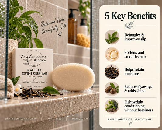 Tea-Licious Skincare Black Tea Conditioner Bar for oily hair beside a five-benefit panel highlighting detangling, softness, moisture retention, shine, and lightweight conditioning.