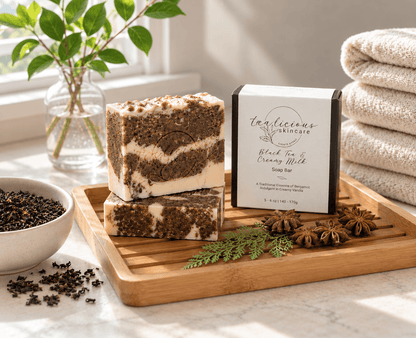 Tea-Licious Black Tea & Creamy Milk Soap bars with gift box, loose black tea and bamboo tray in a naturally lit bathroom.