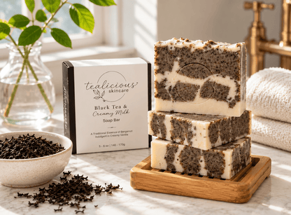 Black Tea & Creamy Milk handmade soap displayed on wooden tray with Tea-Licious