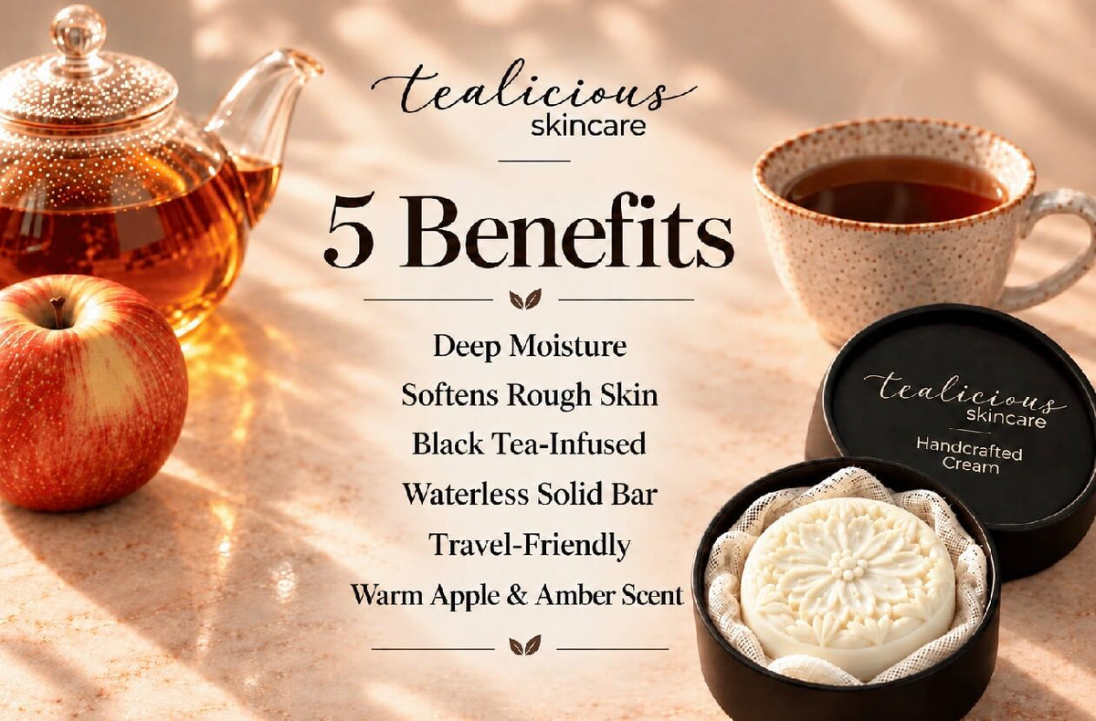 Tea-Licious handcrafted cream-colored lotion bar beside apple tea, featuring five benefits: deep moisture, softened rough skin, black tea infusion, waterless travel-friendly care, and warm apple & amber scent.