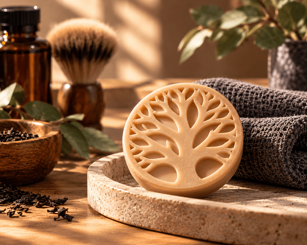     Black Tea-Infused Oak, Bourbon & Vanilla men’s solid lotion bar with Tree of Life design in a warm grooming setting.