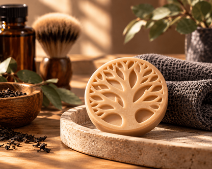     Black Tea-Infused Oak, Bourbon & Vanilla men’s solid lotion bar with Tree of Life design in a warm grooming setting.