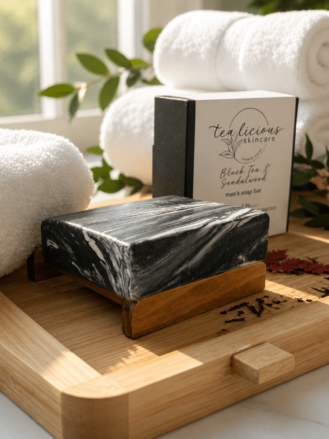 Tea-licious Black Tea & Sandalwood tea-infused men’s soap bar with black and white marbled swirls, displayed on a wooden soap dish beside its product box in a bright spa-inspired setting.