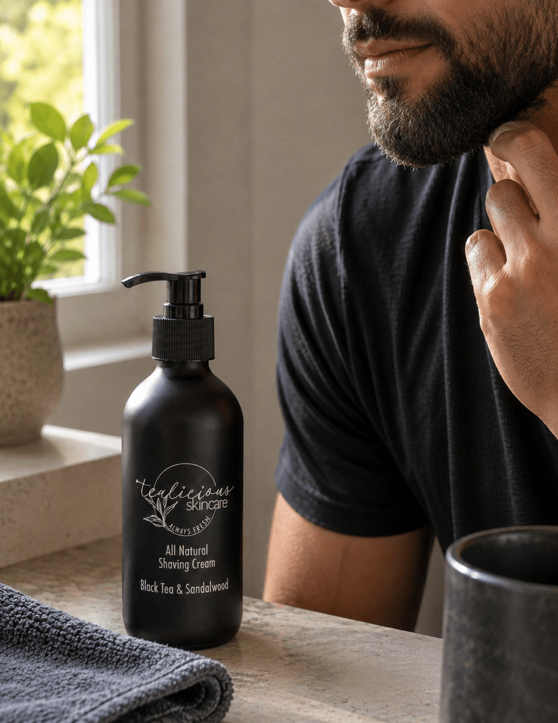 Man with a well-groomed beard touching his neck after shaving beside Tea-licious Black Tea & Sandalwood tea-infused shaving cream on a bathroom vanity in natural morning light.
