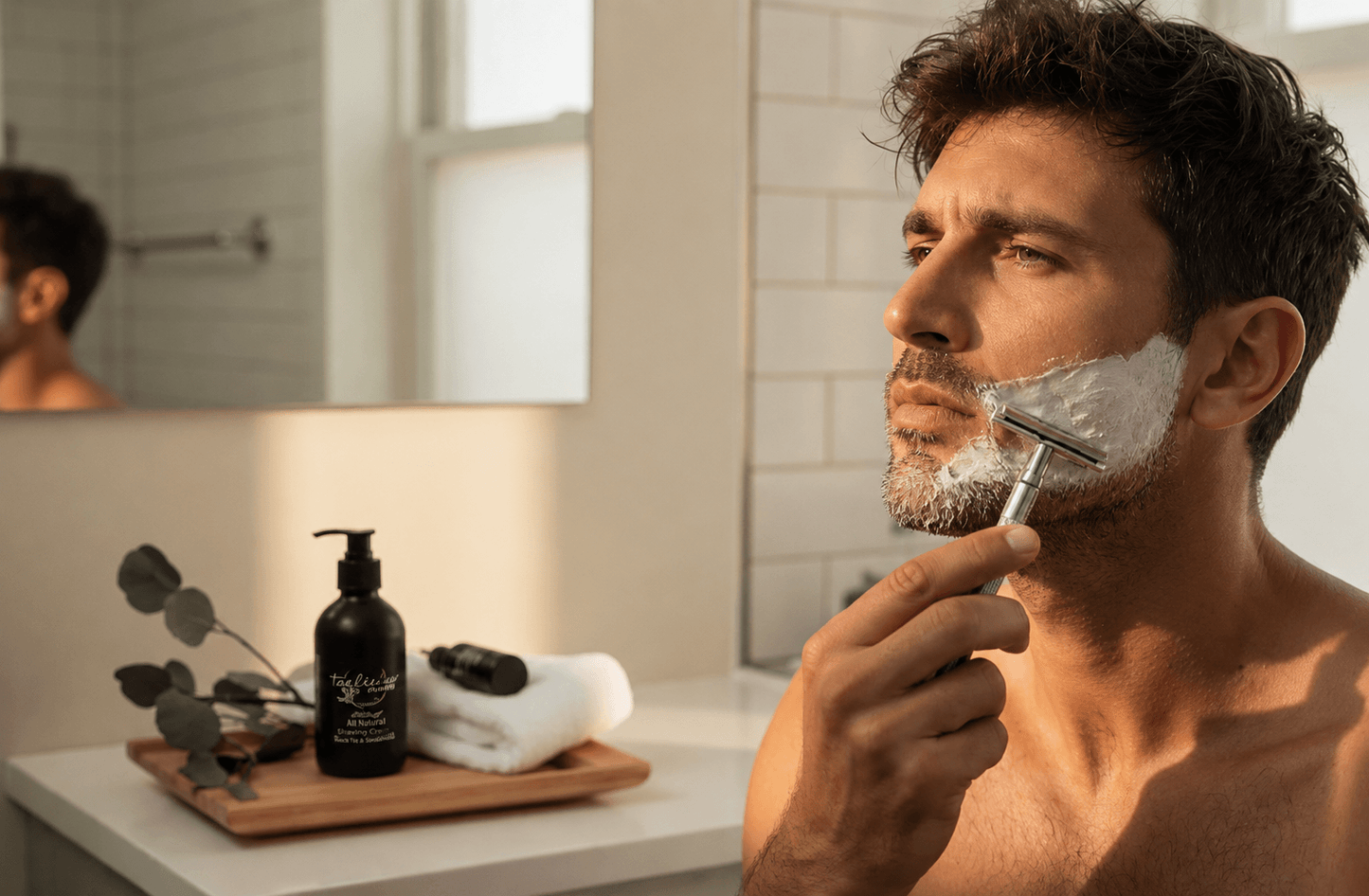 Man applying Black Tea & Sandalwood tea-infused shaving cream with a safety razor in a bright bathroom, with Tea-licious Skincare shaving cream displayed on the vanity.