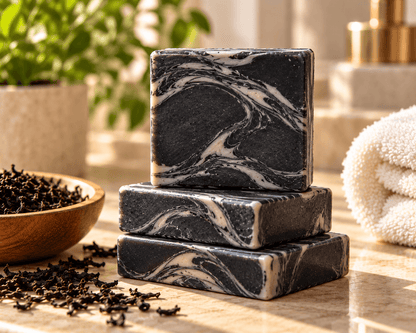 Stack of Tea-Licious Black Tea & Sandalwood men’s soap bars with smooth charcoal and cream swirls beside loose black tea leaves.