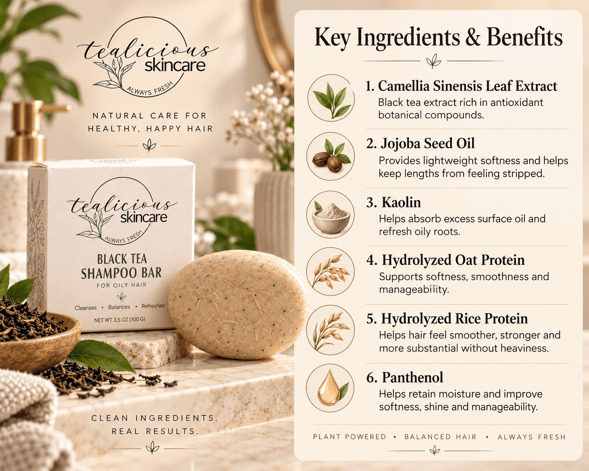 Tea-Licious Black Tea Shampoo Bar for oily hair with key ingredient benefits including black tea extract, jojoba oil, kaolin, oat protein, rice protein and panthenol.