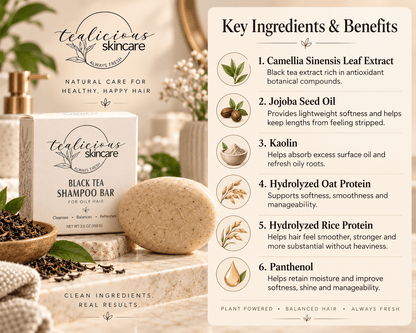 Tea-Licious Black Tea Shampoo Bar for oily hair with key ingredient benefits including black tea extract, jojoba oil, kaolin, oat protein, rice protein and panthenol.
