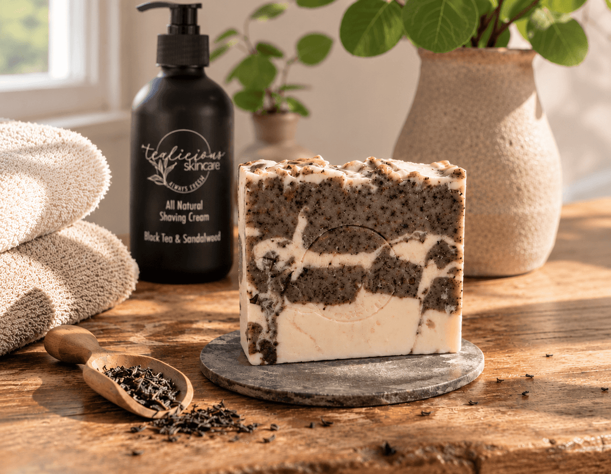 Tea-Licious Black Tea & Creamy Milk Soap with Black Tea & Sandalwood Shaving Cream, loose tea leaves and natural bathroom decor.
