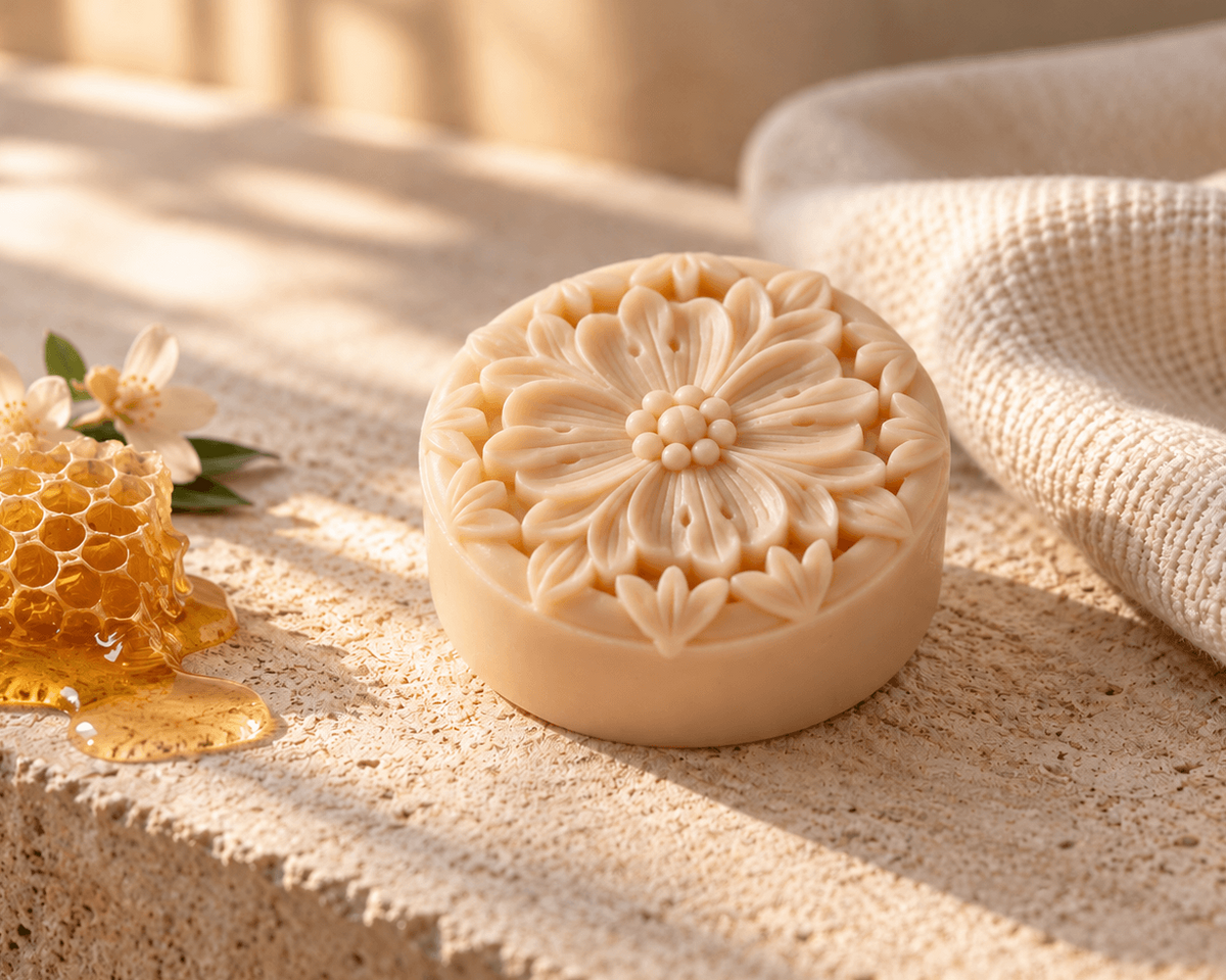 Alt text: Tea-Licious Black Tea, Wild Honey & Cashmere solid lotion bar with a warm, luxurious fragrance and concentrated waterless moisture for dry skin.