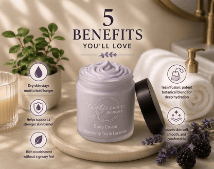 A jar of lavender-colored body cream sits on a marble tray with its black lid beside it, surrounded by wellness props including a candle, potted plant, soap dish, and blackberries. Large text at the top reads '5 BENEFITS YOU'LL LOVE' with three benefit callouts on the left and right.