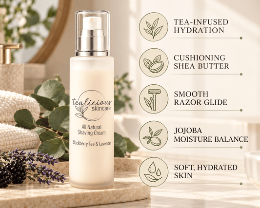 Tea-licious shaving cream beside five benefits: tea-infused hydration, cushioning shea butter, smooth razor glide, jojoba moisture balance, and soft, hydrated skin.