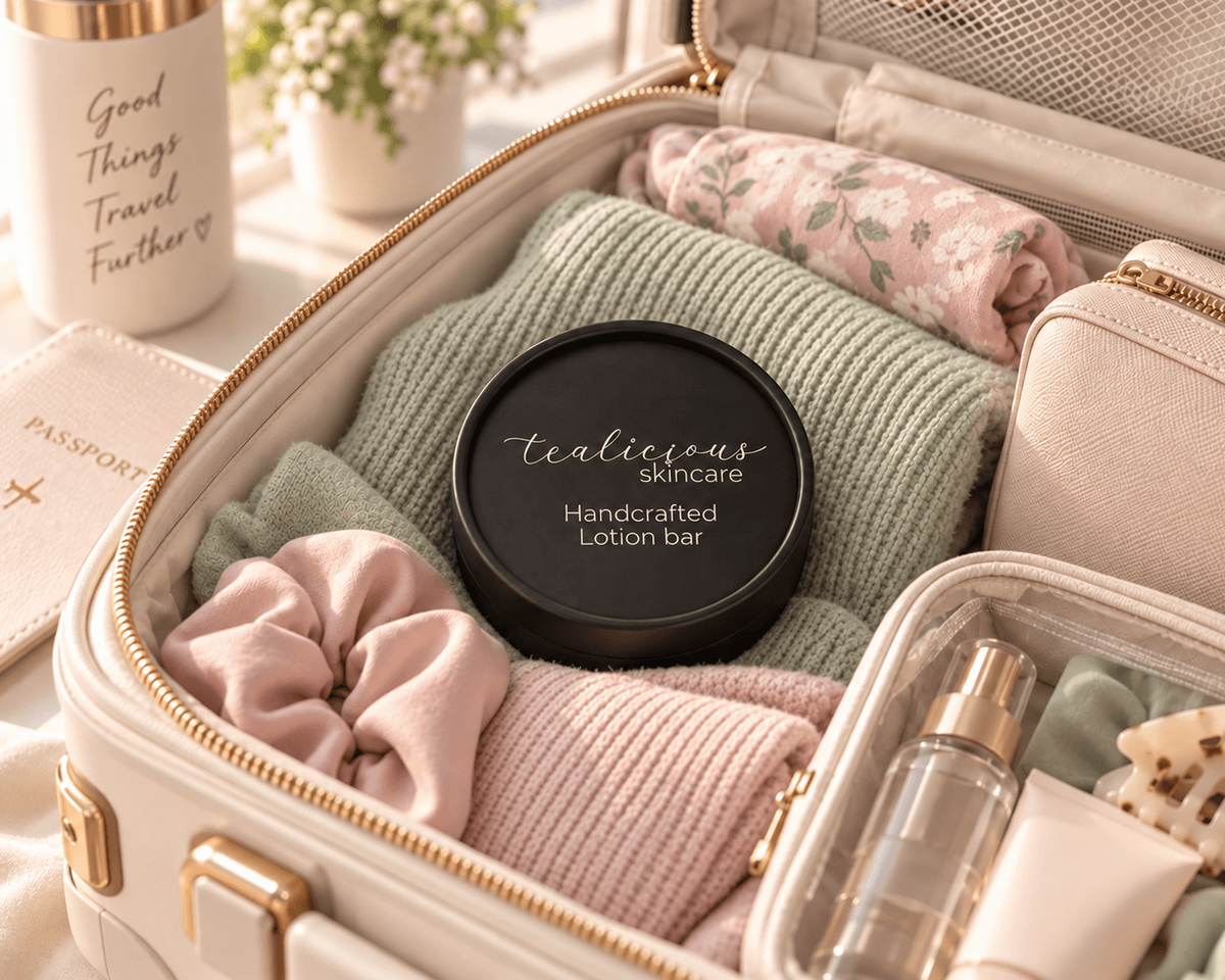 Blackberry Tea, Vanilla & Amber solid lotion bar in a closed black Tea-Licious container packed in a cream carry-on suitcase with pale sage and soft pink clothing.